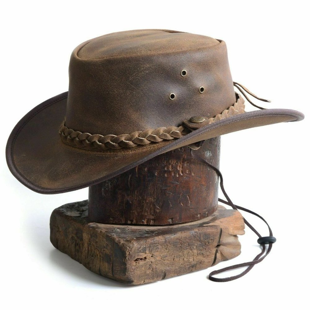 Lesa Collection Safari Crazy Leather Hats Outback Traveller Hat Unisex Tan Brown